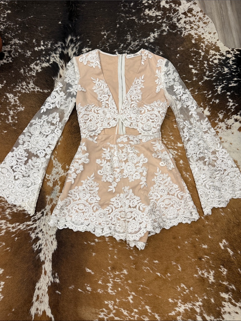 Lace-Overlay V-Neck Romper in Nude and White
